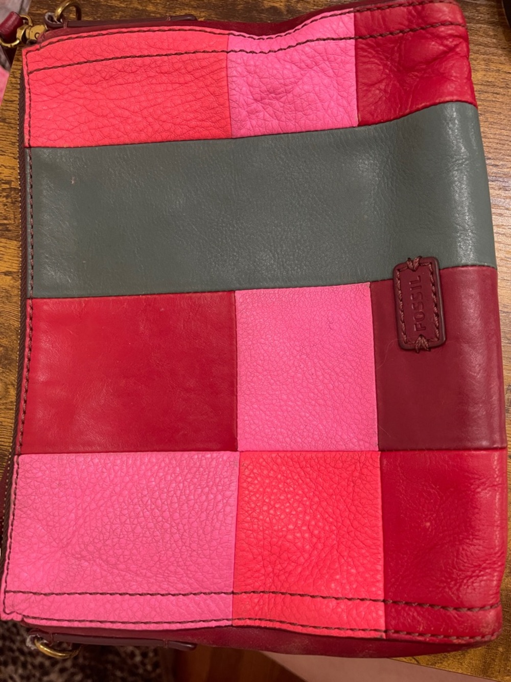 Fossil Emma Patchwork Leather Crossbody in Red, Pink, Orange & Teal With Charm - Picture 10 of 10